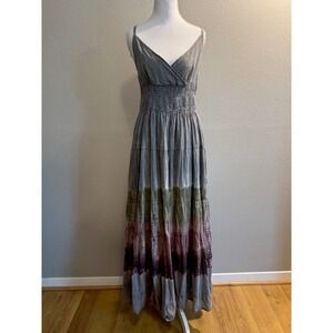 Earthbound Trading Co. Boho Tie Dye Cotton Tiered Maxi Dress Smocked Back Small